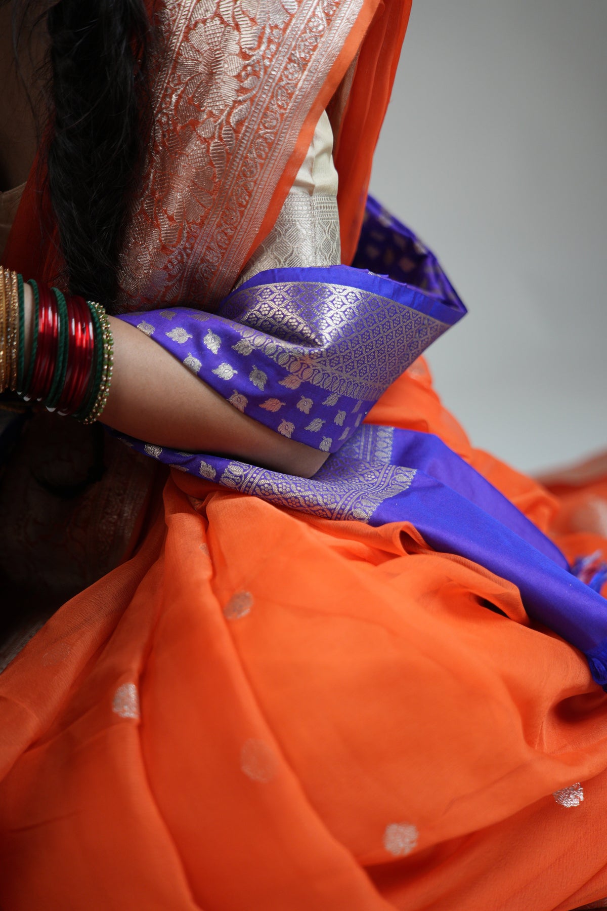 Rust Orange Silver Zari Chiffon Saree