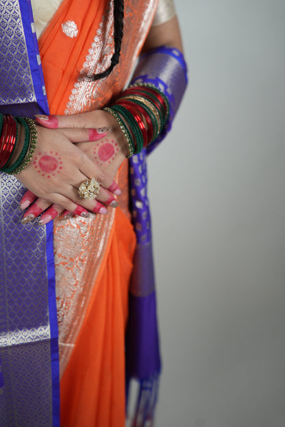 Rust Orange Silver Zari Chiffon Saree