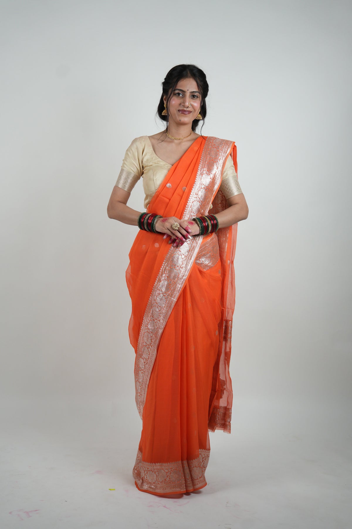 Rust Orange Silver Zari Chiffon Saree