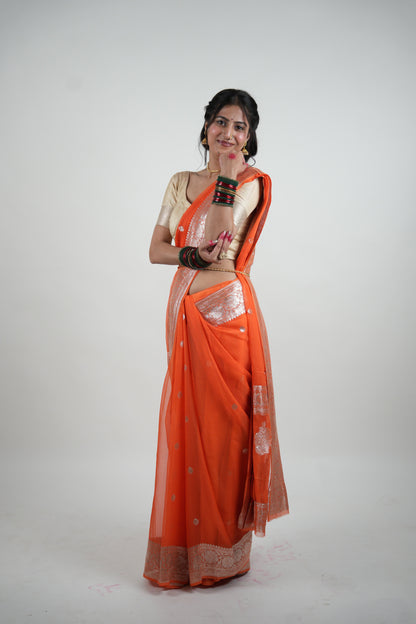 Rust Orange Silver Zari Chiffon Saree