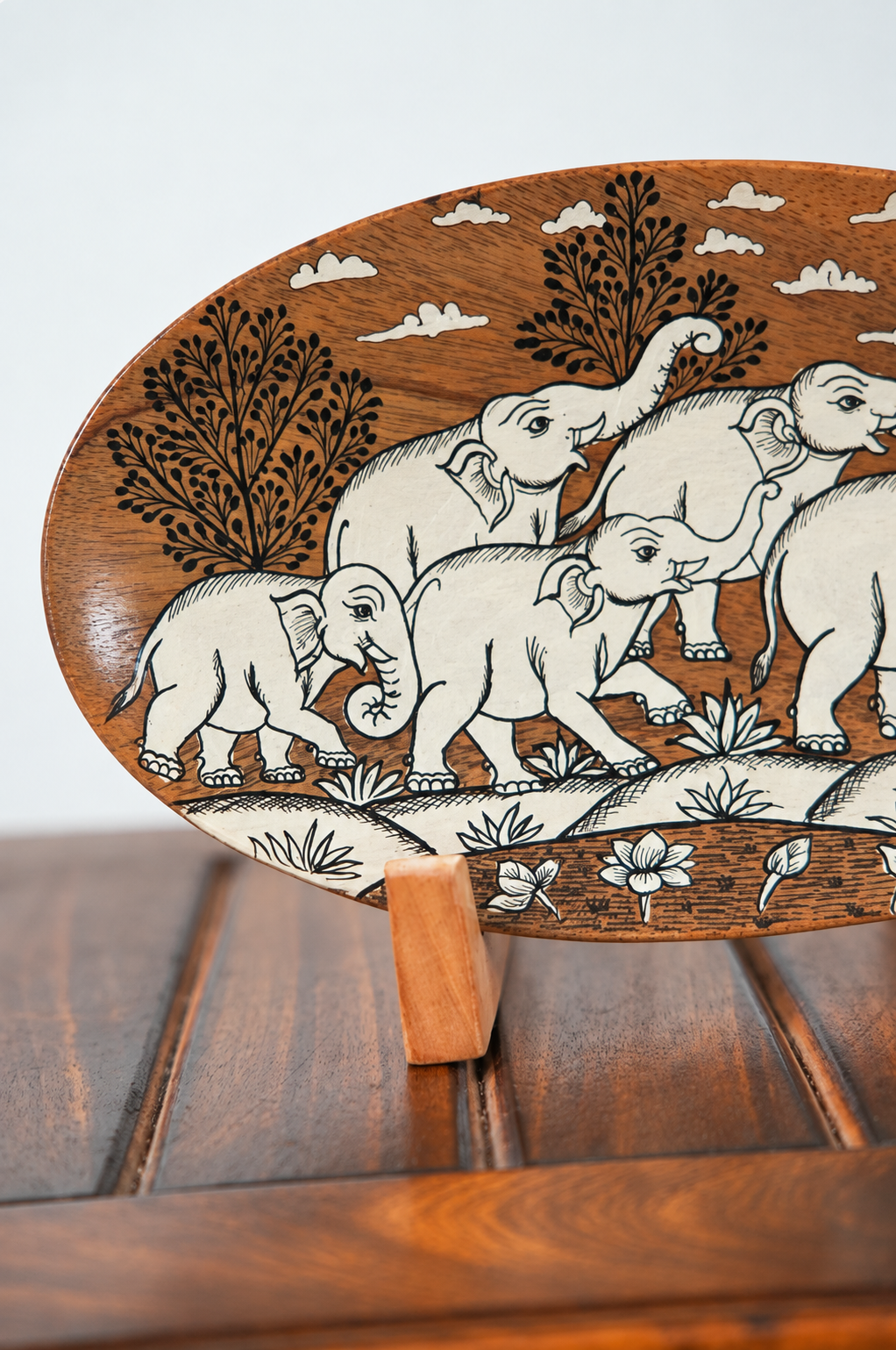 Herd of Five Elephants in a Traditional Landscape | Pattachitra painting plate