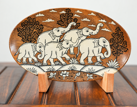 Herd of Five Elephants in a Traditional Landscape | Pattachitra painting plate