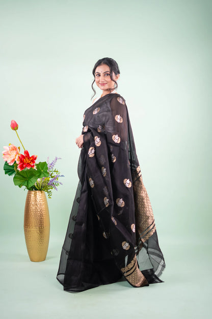 Jet Black Banarasi Silk Saree - angled view