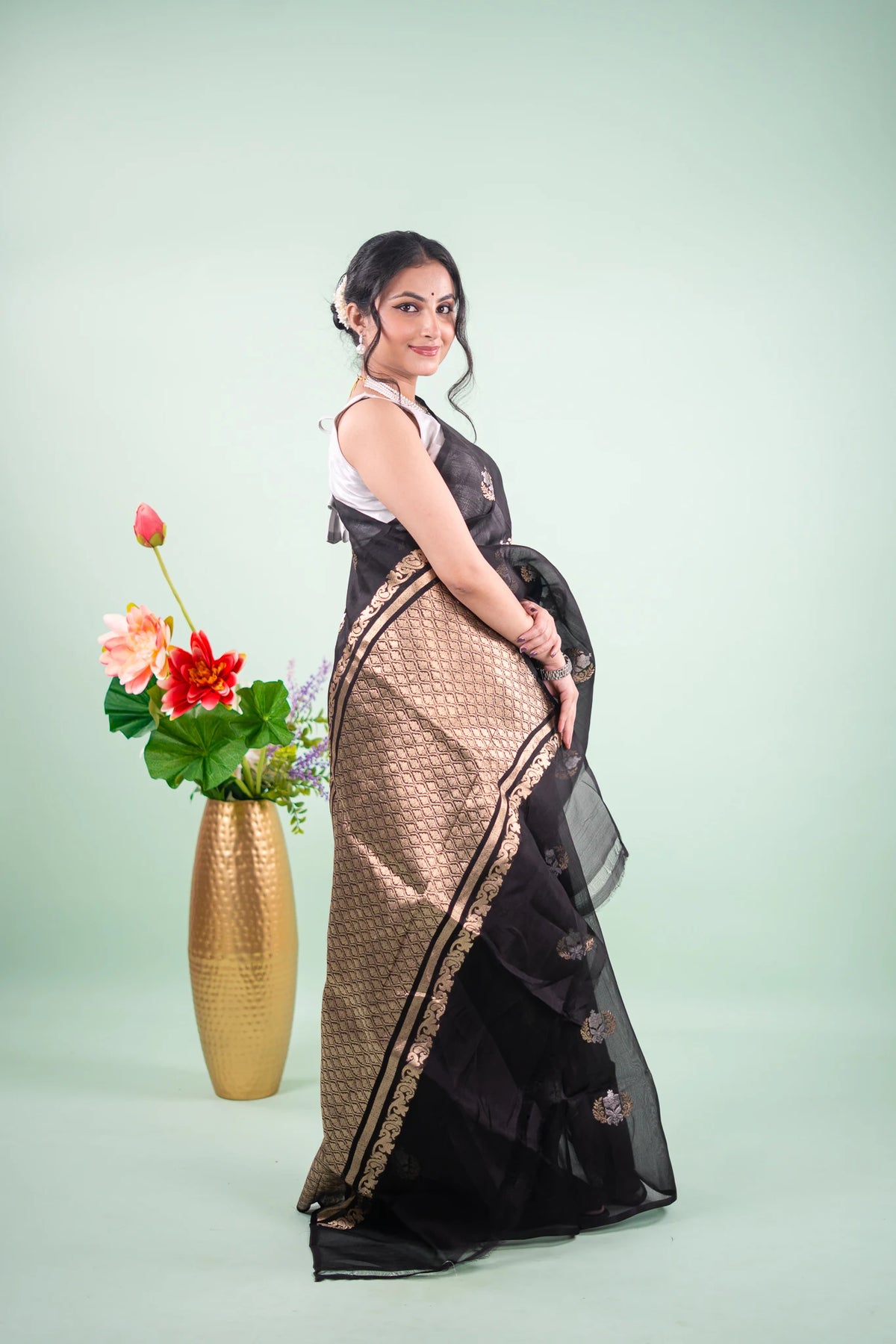 Jet Black Banarasi Silk Saree - back view