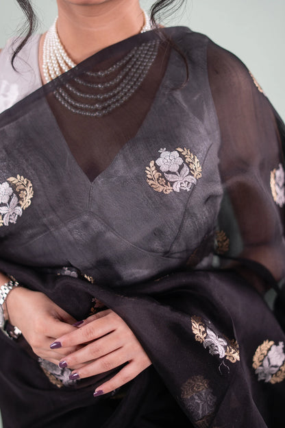 Jet Black Banarasi Silk Saree - fabric and motif close-up