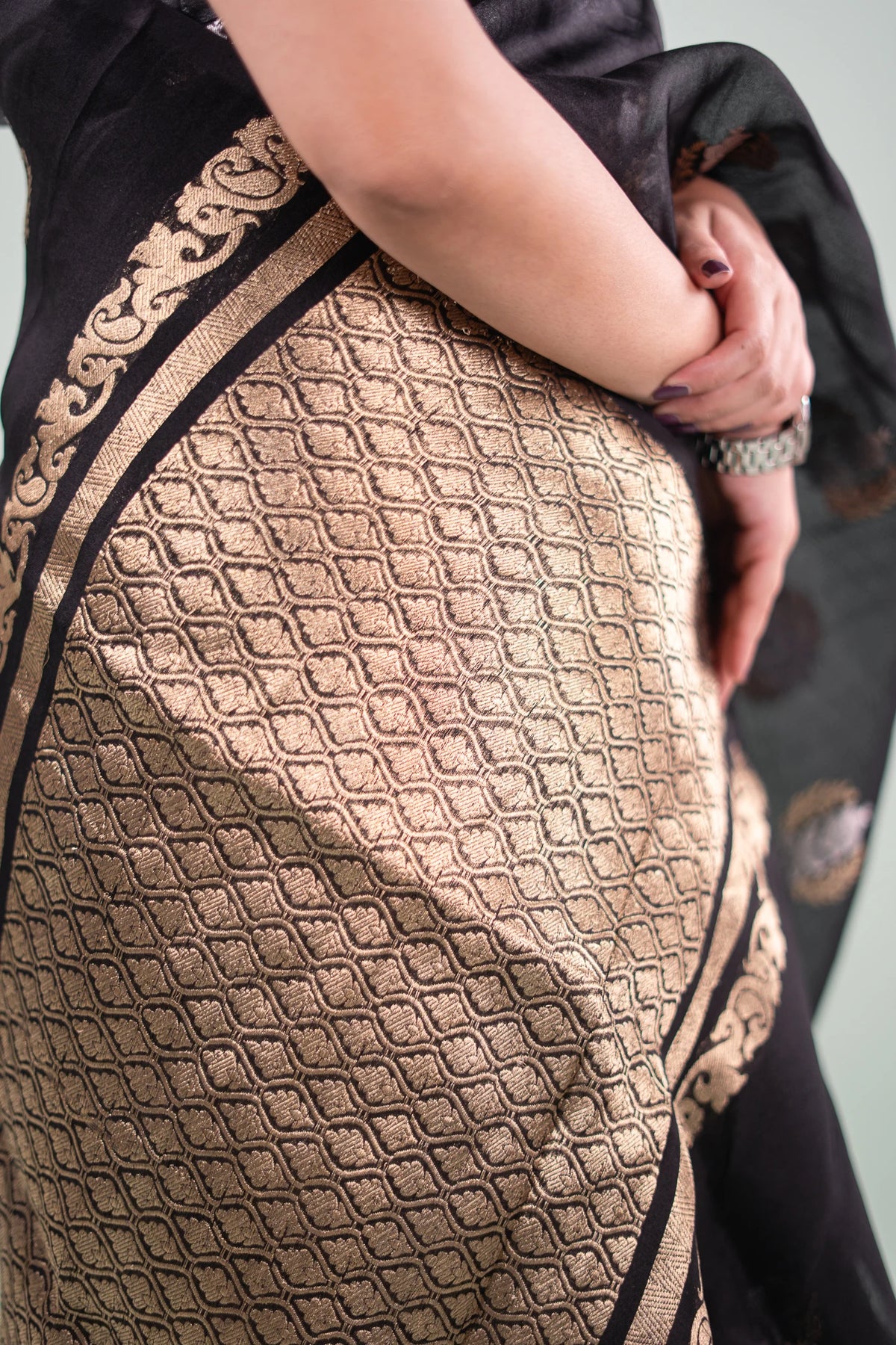 Jet Black Banarasi Silk Saree - extra zari detail
