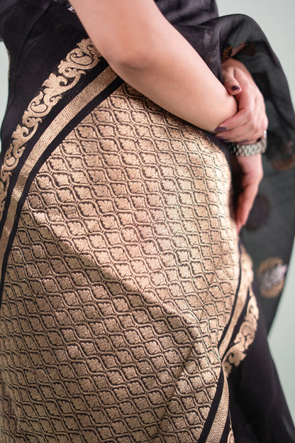 Jet Black Banarasi Silk Saree - extra zari detail