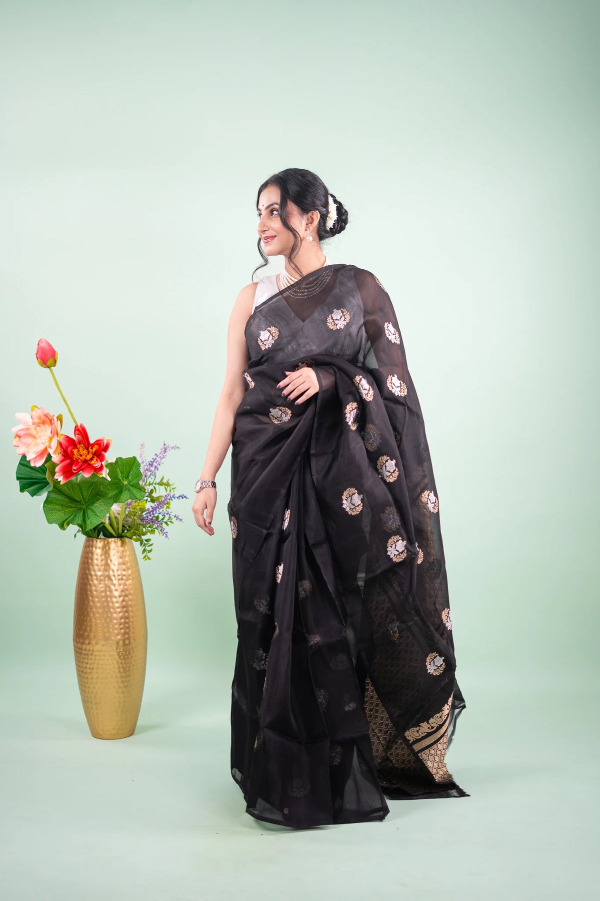 Jet Black Banarasi Silk Saree - pallu on shoulder