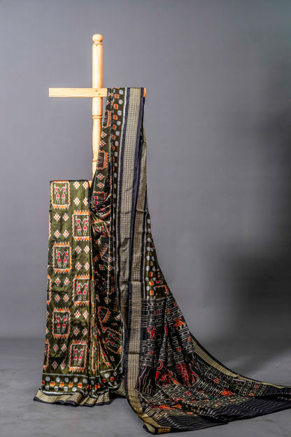 Olive Green Khandua Silk Saree with Nuapatna Ikat Panels | Odisha Handloom