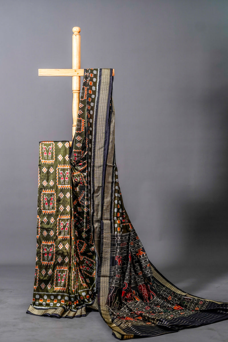 Olive Green Khandua Silk Saree with Nuapatna Ikat Panels | Odisha Handloom