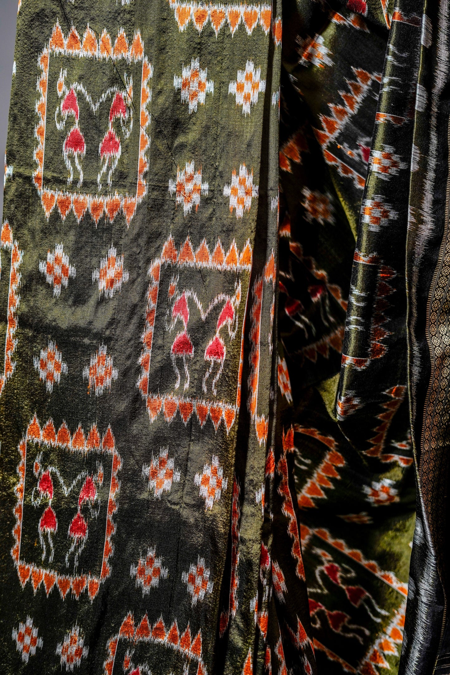 Olive Green Khandua Silk Saree with Nuapatna Ikat Panels | Odisha Handloom
