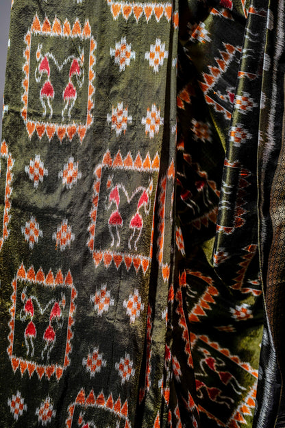 Olive Green Khandua Silk Saree with Nuapatna Ikat Panels | Odisha Handloom