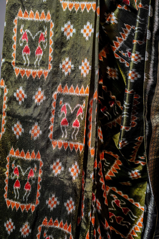 Olive Green Khandua Silk Saree with Nuapatna Ikat Panels | Odisha Handloom