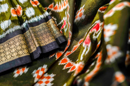 Olive Green Khandua Silk Saree with Nuapatna Ikat Panels | Odisha Handloom