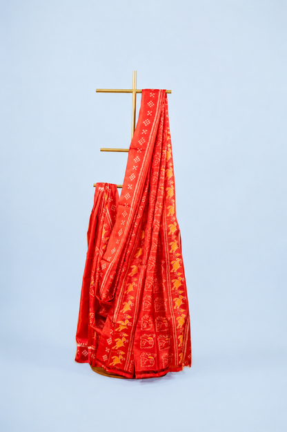 Crimson Red Khandua Silk Saree with Elephant & Deer Ikat Motifs | Odisha Handloom