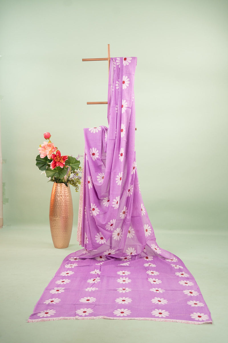 Lavender Daisy Mul Mul Cotton Saree
