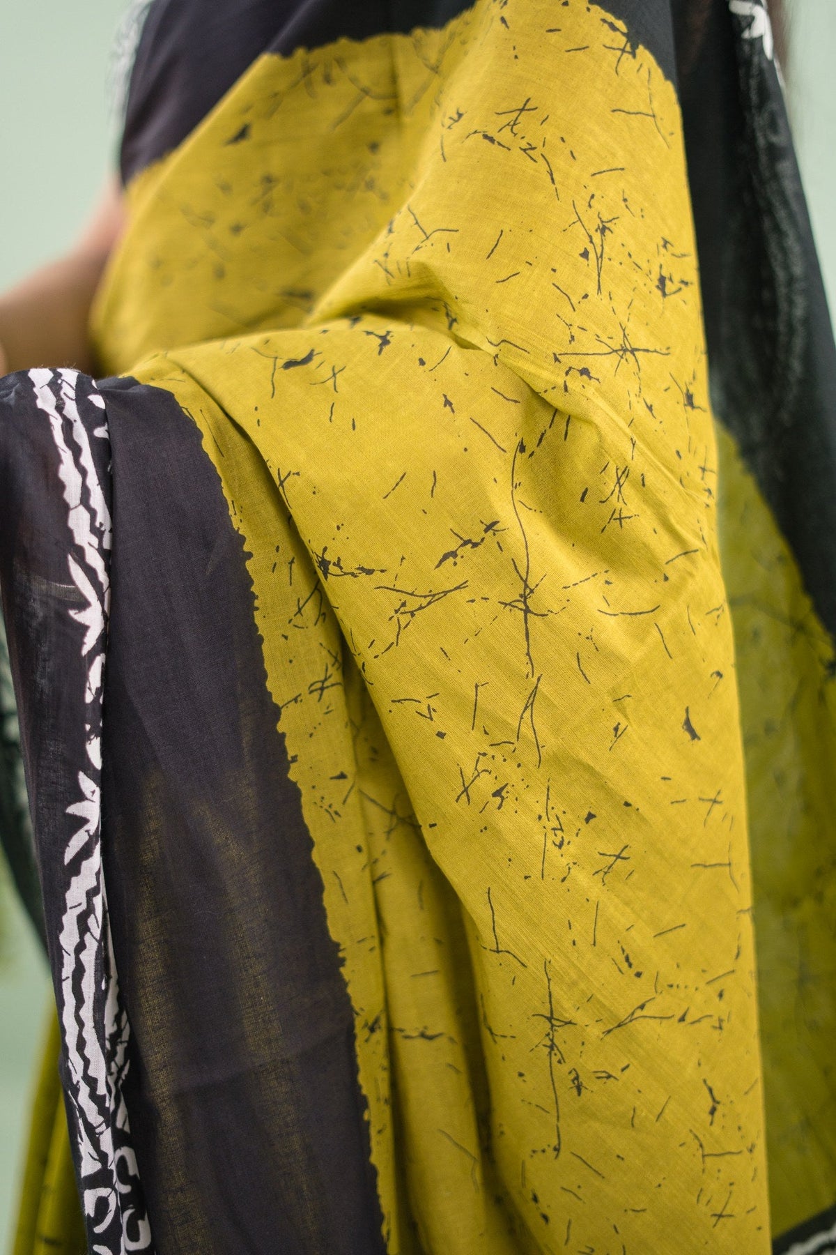 Lime Green Charcoal Batik Mul Mul Cotton Saree