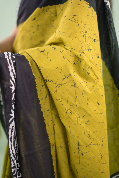 Lime Green Charcoal Batik Mul Mul Cotton Saree