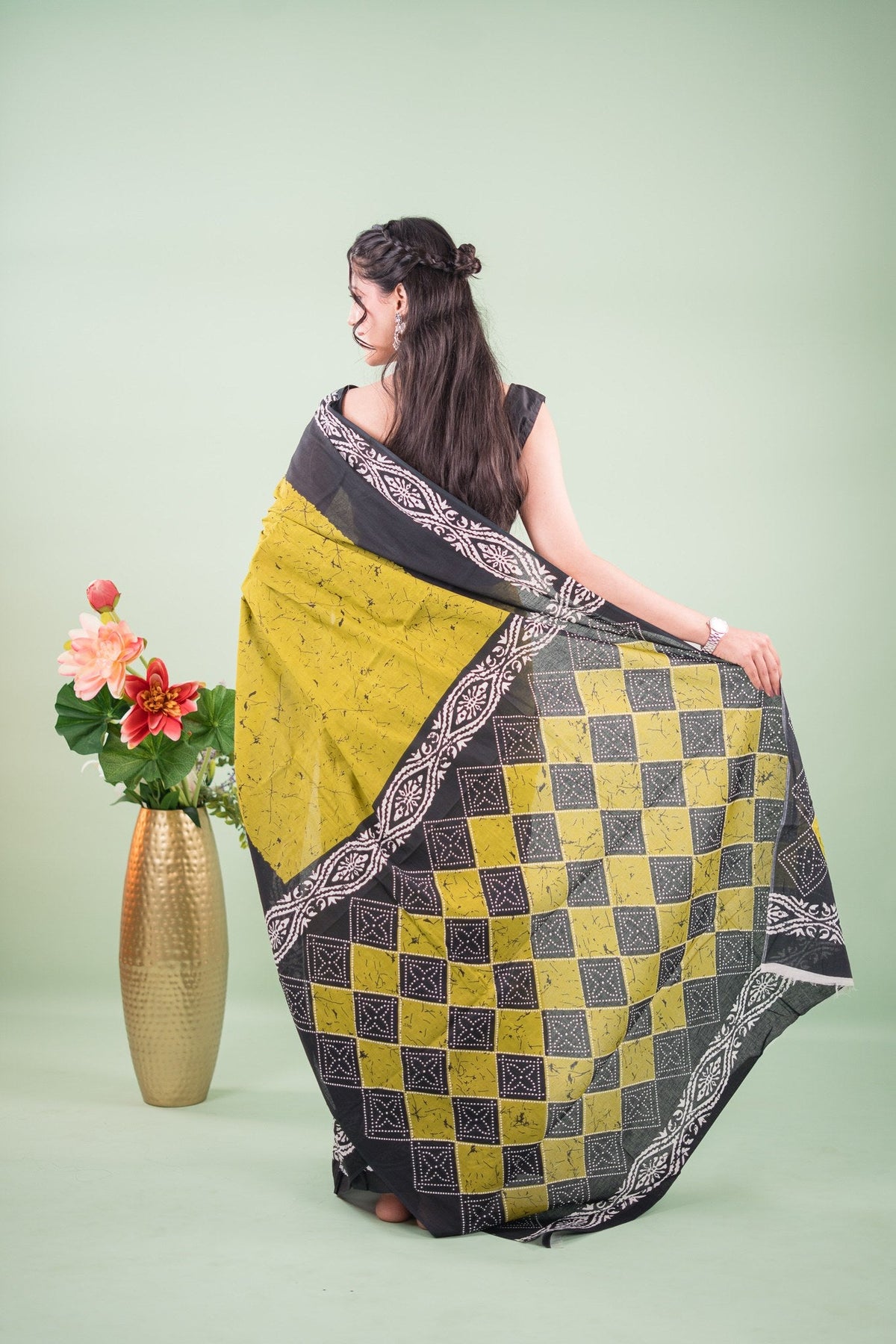 Lime Green Charcoal Batik Mul Mul Cotton Saree