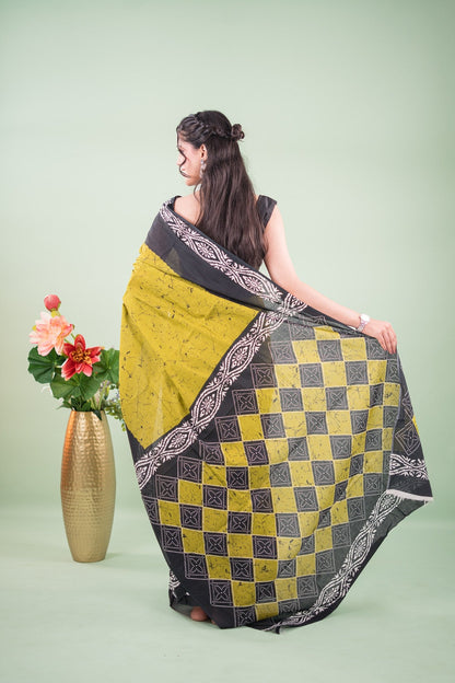 Lime Green Charcoal Batik Mul Mul Cotton Saree