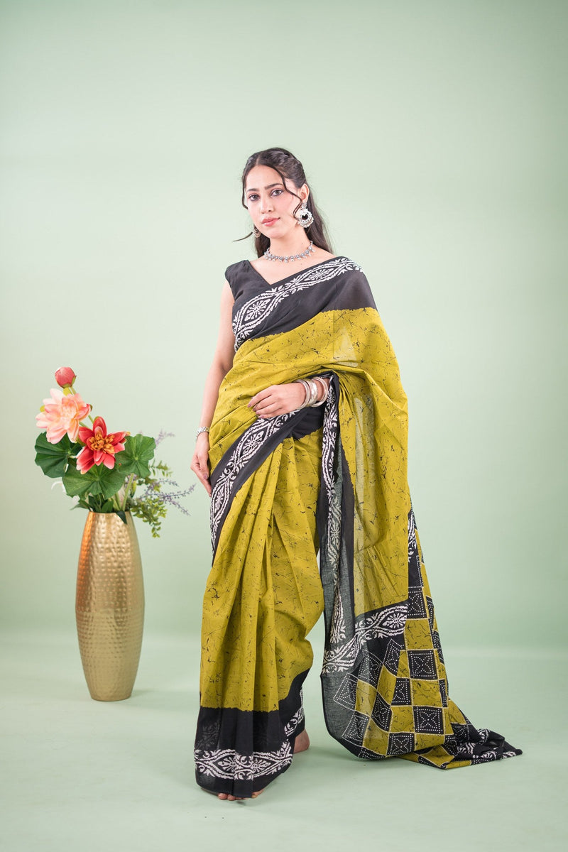Lime Green Charcoal Batik Mul Mul Cotton Saree