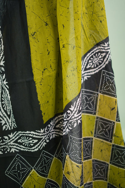 Lime Green Charcoal Batik Mul Mul Cotton Saree