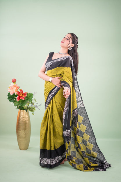 Lime Green Charcoal Batik Mul Mul Cotton Saree