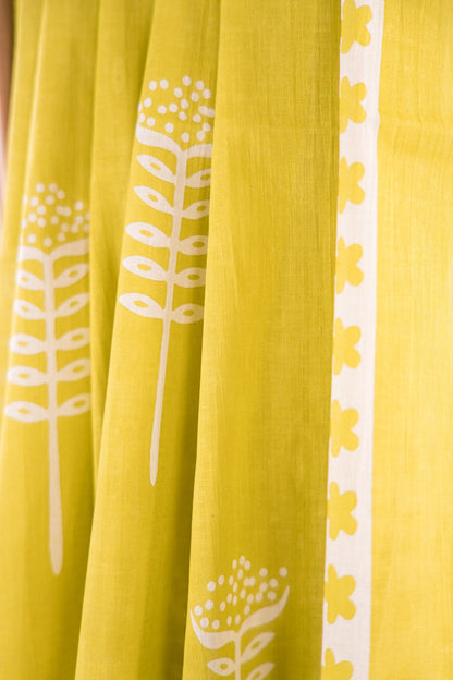Lime Green Leaf Bud Mul Mul Cotton Saree