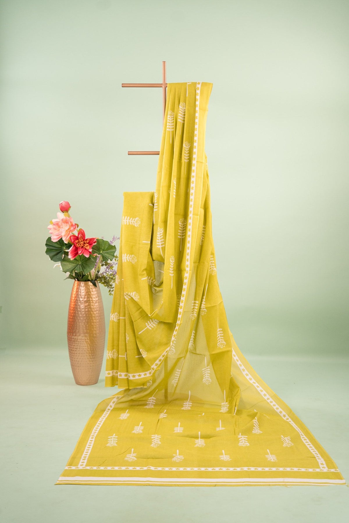 Lime Green Leaf Bud Mul Mul Cotton Saree