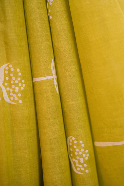 Lime Green Leaf Bud Mul Mul Cotton Saree