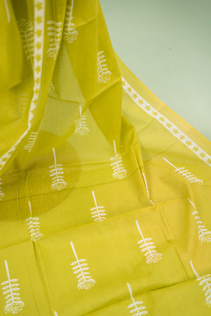 Lime Green Leaf Bud Mul Mul Cotton Saree