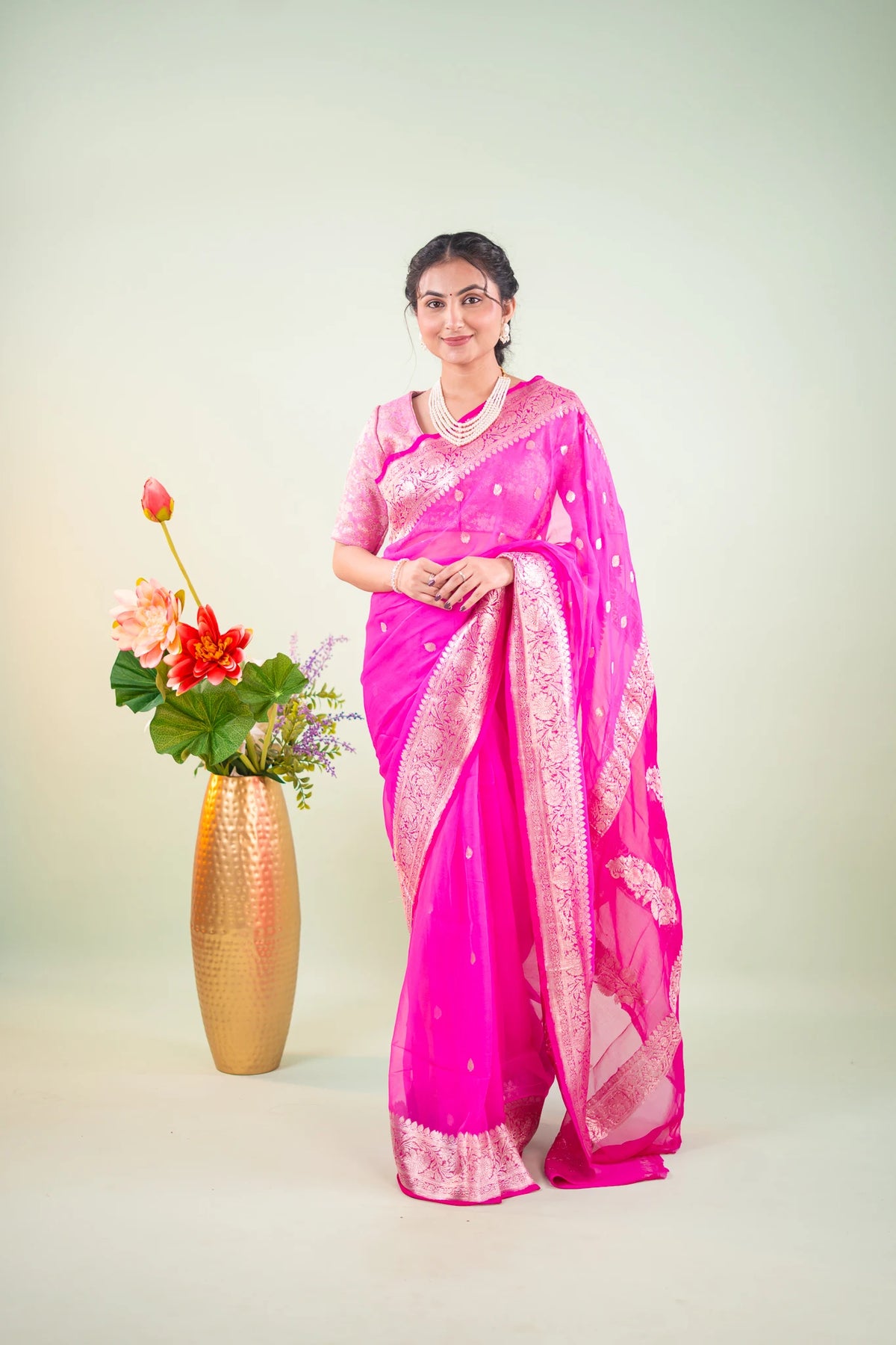 Magenta Banarasi Border Chiffon Saree - image 1