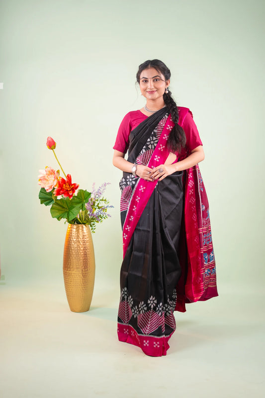 Magenta Black Chevron Ikat Khandua Silk Saree - image 1