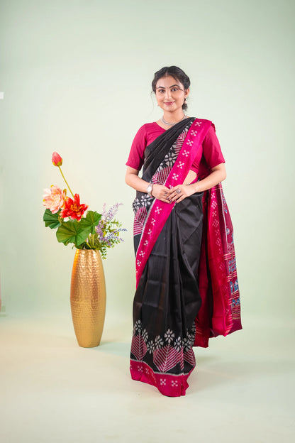 Magenta Black Chevron Ikat Khandua Silk Saree - image 2