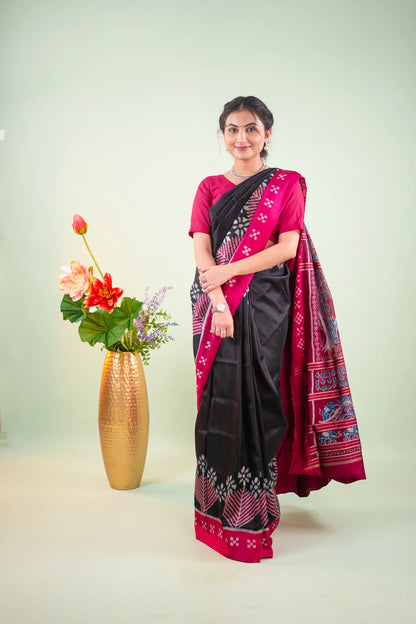 Magenta Black Chevron Ikat Khandua Silk Saree - image 4