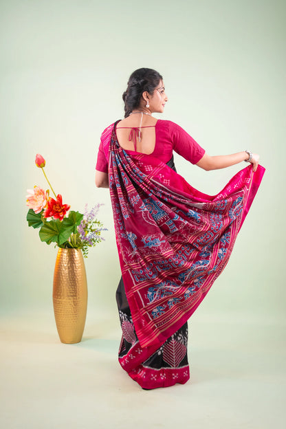 Magenta Black Chevron Ikat Khandua Silk Saree - image 6