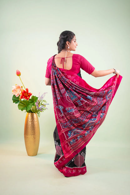 Magenta Black Chevron Ikat Khandua Silk Saree - image 8