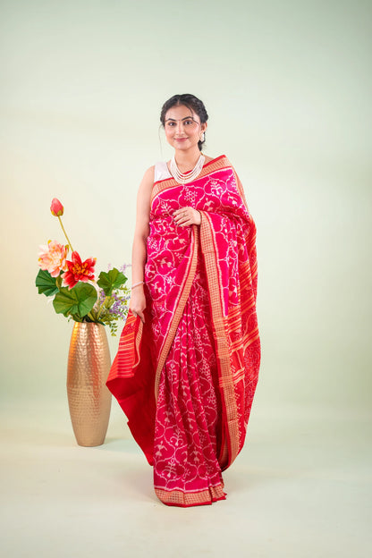 Magenta Gold Floral Lattice Khandua Silk Saree - image 1