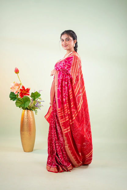 Magenta Gold Floral Lattice Khandua Silk Saree - image 2