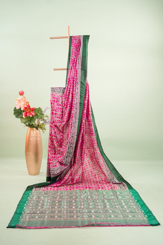 Magenta Green Lattice Ikat Khandua Silk Saree