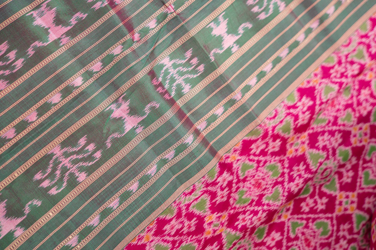 Magenta Green Lattice Ikat Khandua Silk Saree
