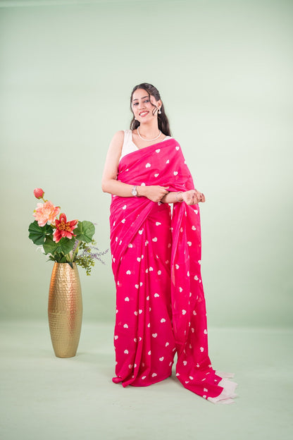 Magenta Heart Print Mul Mul Cotton Saree