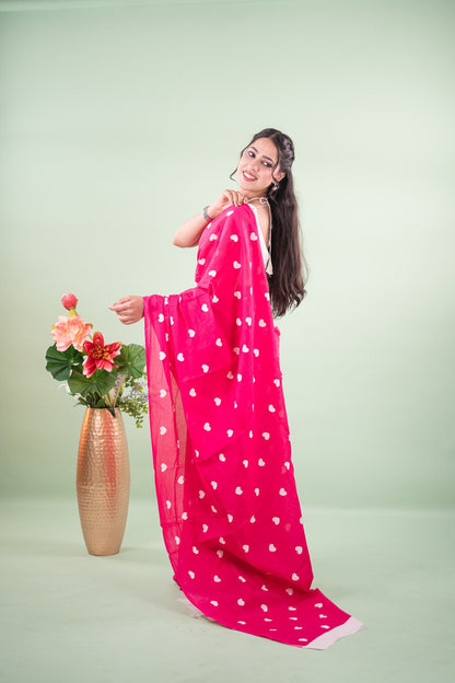 Magenta Heart Print Mul Mul Cotton Saree