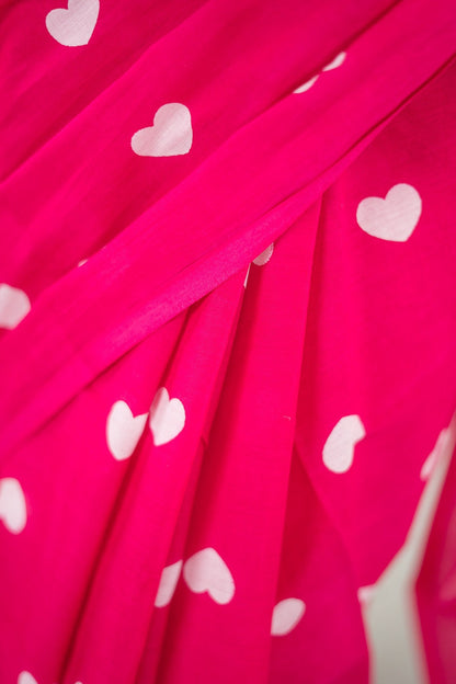 Magenta Heart Print Mul Mul Cotton Saree
