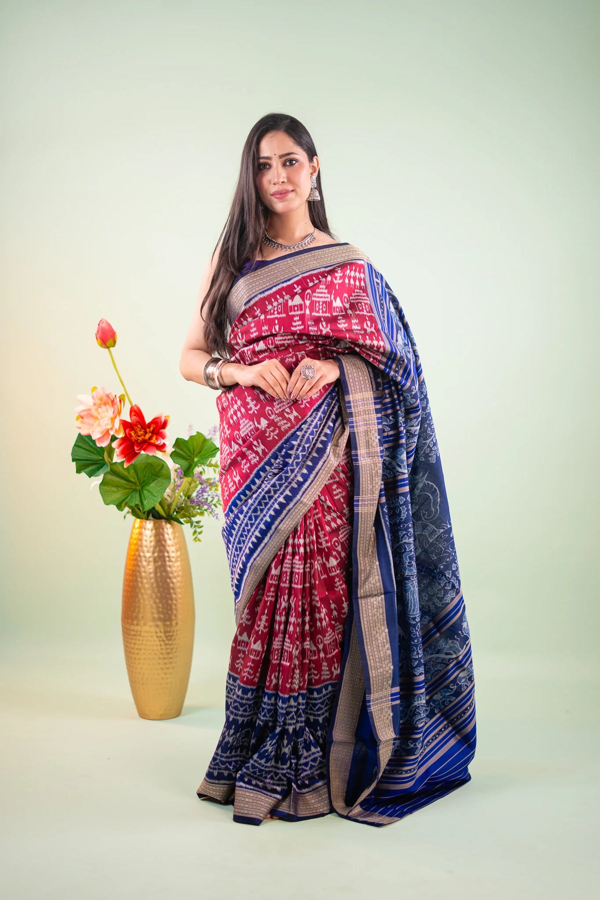 Magenta Navy Tribal Motif Khandua Silk Saree - image 1