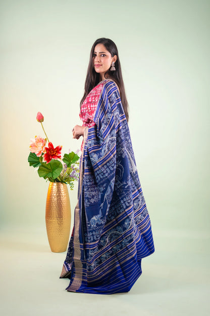 Magenta Navy Tribal Motif Khandua Silk Saree - image 4