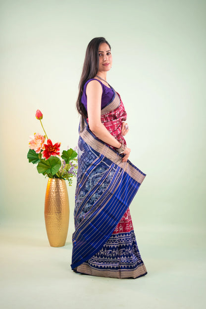 Magenta Navy Tribal Motif Khandua Silk Saree - image 5