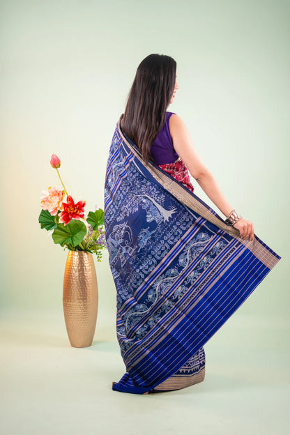 Magenta Navy Tribal Motif Khandua Silk Saree - image 7