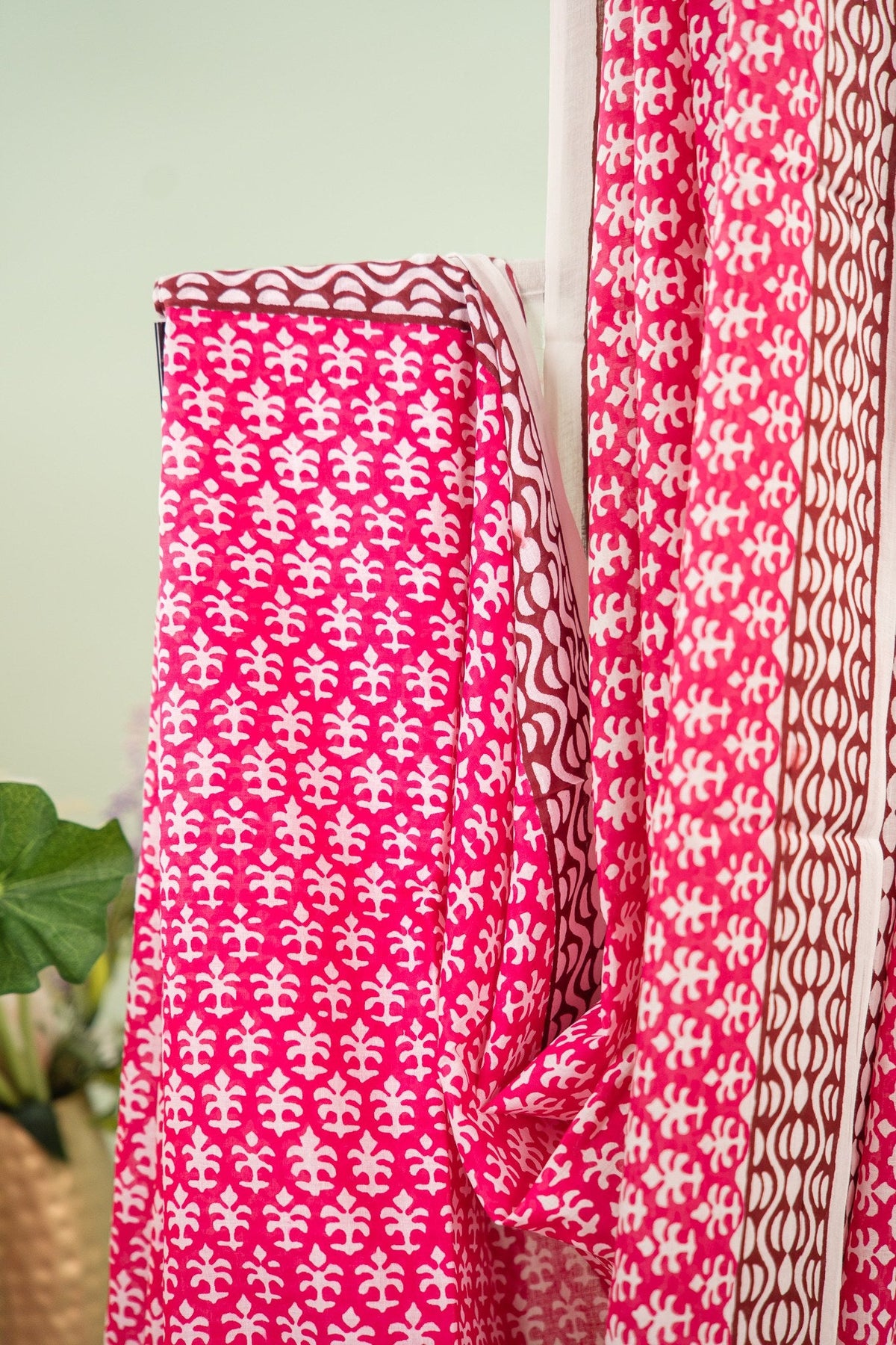 Magenta Trishul Block Print Mul Mul Cotton Saree