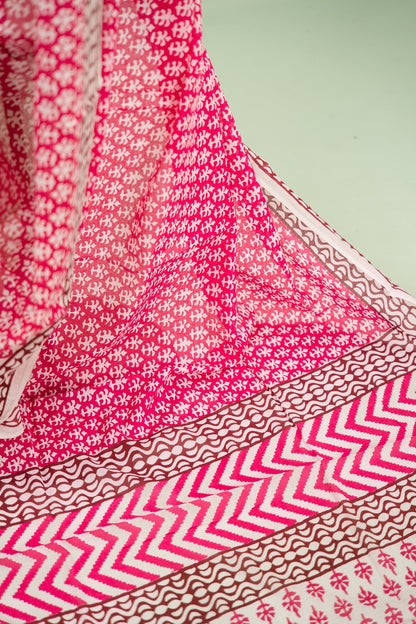 Magenta Trishul Block Print Mul Mul Cotton Saree